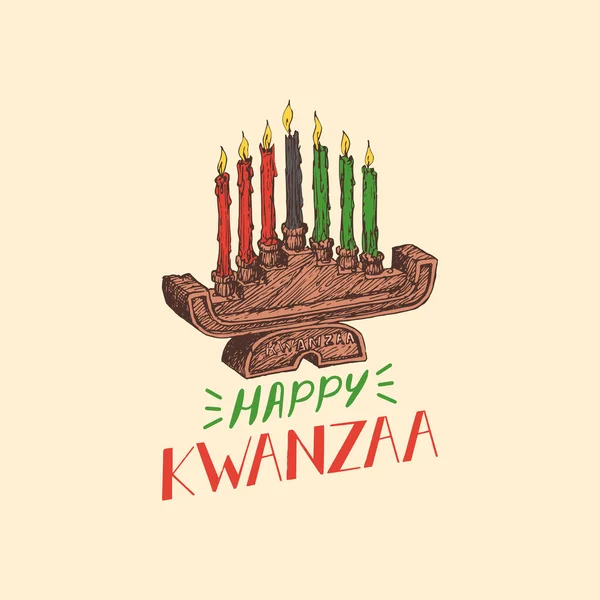 Happy Kwanzaa Mano Lettering Portacandele Kinara Illustrazione Disegnata Sfondo Vettore — Vettoriale Stock