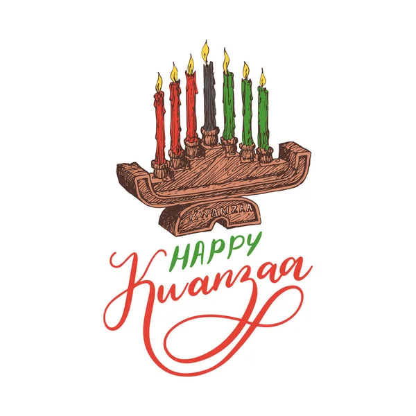 Happy Kwanzaa Hand Lettering Candles Holder Kinara Drawn Illustration Holiday — Stock Vector