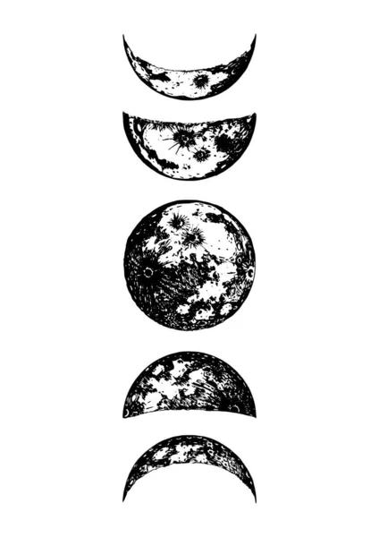 Moon Phases Drawings Vector Hand Drawn Illustration Cycle New Full — Stock Vector