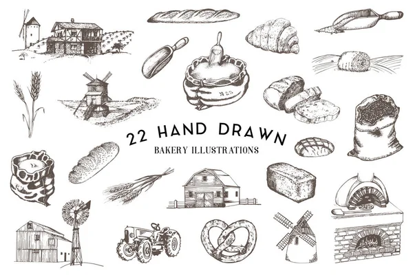 Bakery Bread Production Hand Drawn Illustrations Vector Rural Life Farm — Stock Vector