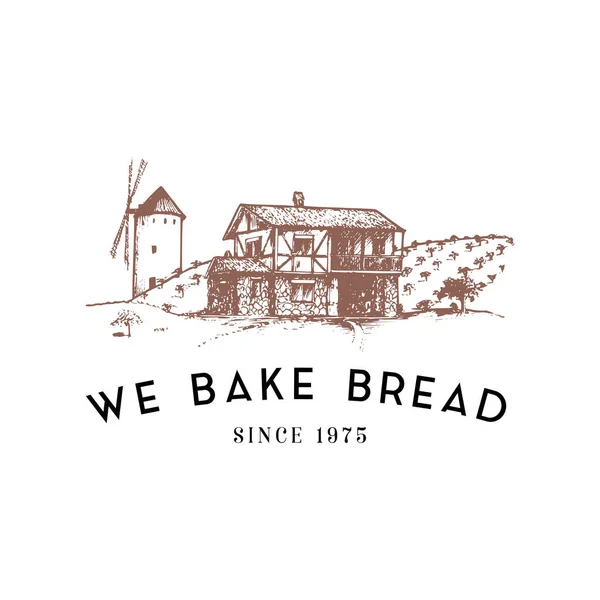 Logo Panificio Con Mulino Vento Fienile Illustrazione Vettore Baked Bread — Vettoriale Stock