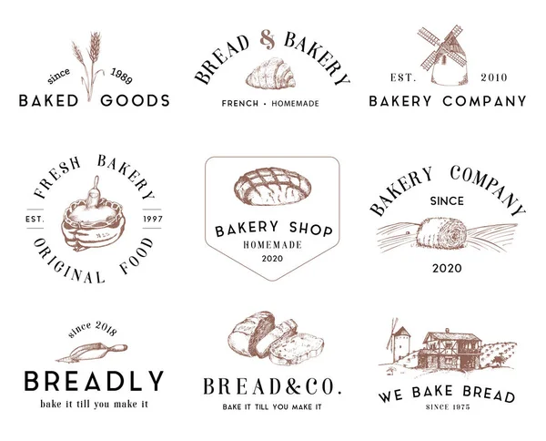 Logotipos Panadería Con Ilustraciones Vintage Vector Colección Carteles Tipográficos Pastelería — Vector de stock