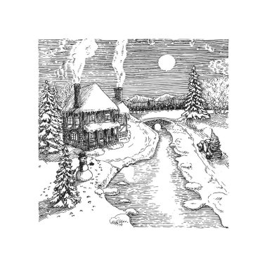 Ay ışığında Noel manzarası, vektörde el çizimi illüstrasyon, tebrik kartı için yeni yıl arkaplanı, poster