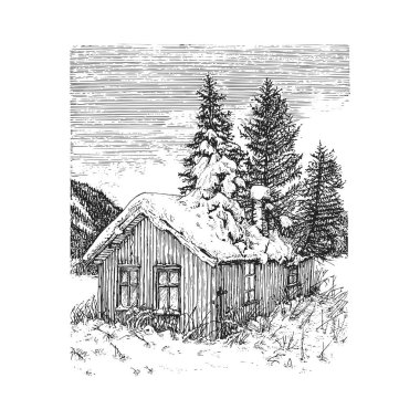 Abandoned house in winter, hand drawn sketch, rural landscape vector illustration in engraving style