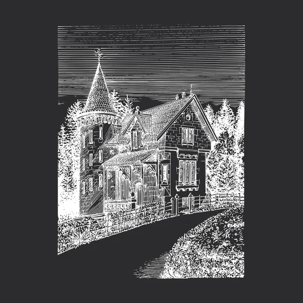 Old Baronial House Rural Landscape Hand Drawn Illustration Engraving Style — Image vectorielle