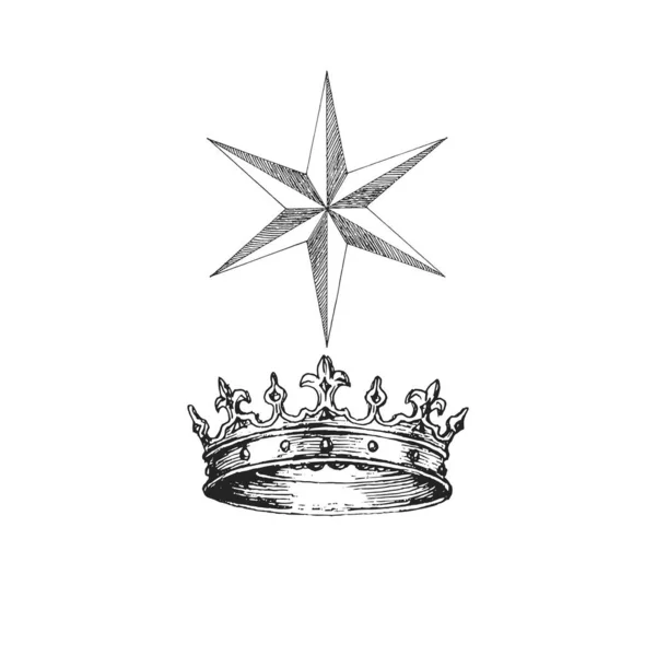 Coroa Seis Estrelas Apontadas Ilustrações Vetoriais Estilo Gravura Signos Esotéricos — Vetor de Stock