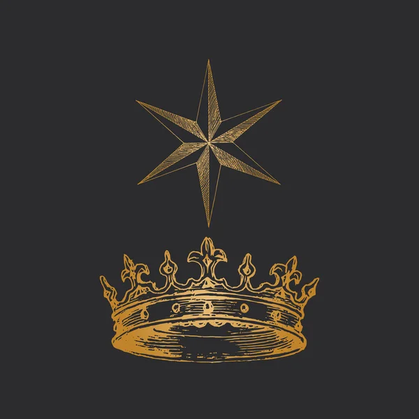 Coroa Seis Estrelas Apontadas Ilustrações Vetoriais Estilo Gravura Signos Esotéricos — Vetor de Stock