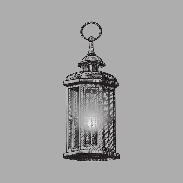 Croquis Vectoriel Lanterne Lampe Ancienne Illustration Dessinée Style Gravure — Image vectorielle
