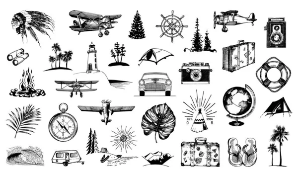 Zestaw Ikon Podróży Kolekcja Ręcznie Rysowanych Ilustracji Turystycznych Zewnętrzne Symbole — Wektor stockowy