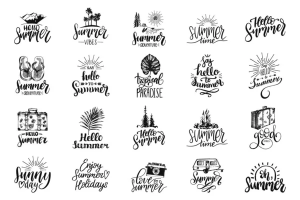 Hello Summer Inspirational Quotes Collection Hand Lettering Set Vector Travel — Stock Vector