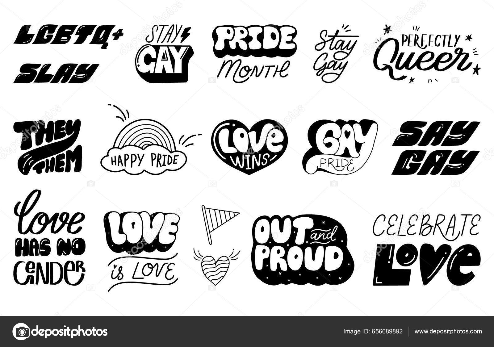 Conjunto Letras Mano Comunidad Lgbt Colección Eslóganes Orgullo Gay  Inspiradores Vector de stock #656689892 de ©vladayoung, image size:1600x1124
