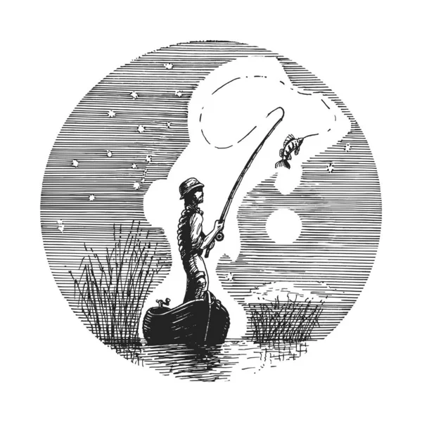 Рыбак Лодке Удочкой Рыбой Лунном Свете Нарисованная Вручную Иллюстрация Векторе — стоковый вектор