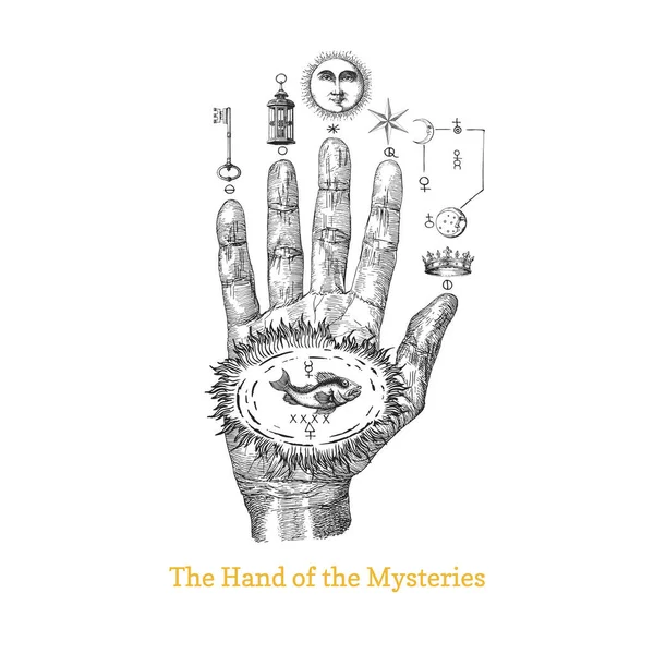 Die Hand Der Mysterien Vintage Handgezeichnete Illustration Vektor Alchemistisches Symbol — Stockvektor