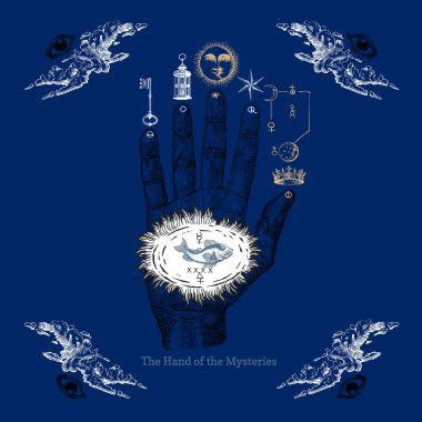 The Hand of the Mysteries, vintage hand drawn illustration in vector, alchemical symbol, drawing in engraving style clipart