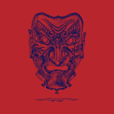 Japon yüz zırhı, Samuray zırh maskesi, vektör olarak el çizimi, Somen 'in çizimi.,