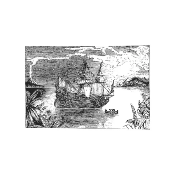 Seeblick Mit Segelschiff Holländischer Fluyt Handgezeichnete Grafische Illustration Stich Stil — Stockvektor
