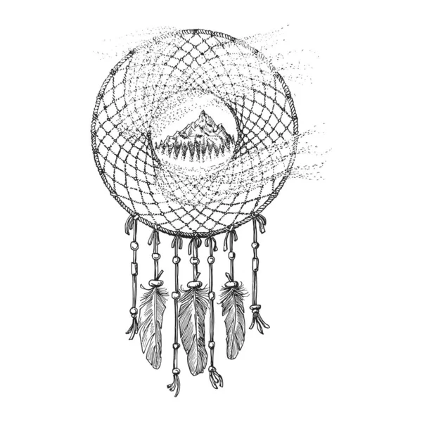 Dreamcatcher Dessin Dans Style Gravure Ojibwe Vintage Illustration Dessinée Main — Image vectorielle