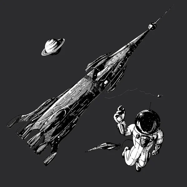 土星の背景にある宇宙飛行士と宇宙船 手描きベクトルイラスト 太陽系探査 インスピレーションを与える科学ポスター レトロ未来的なスタイルのスケッチ — ストックベクタ