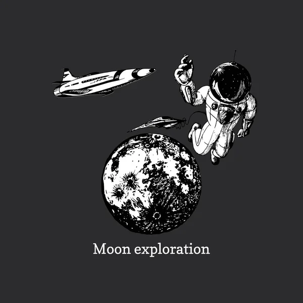 月球探测 复古未来派风格的海报 月球背景上的宇航员和航天飞机 用矢量手绘图解 — 图库矢量图片