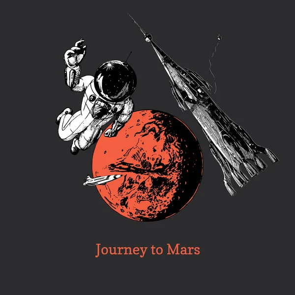 Viagem Marte Cartaz Ciência Inspiradora Esboço Estilo Futurista Retrô Cosmonauta — Vetor de Stock
