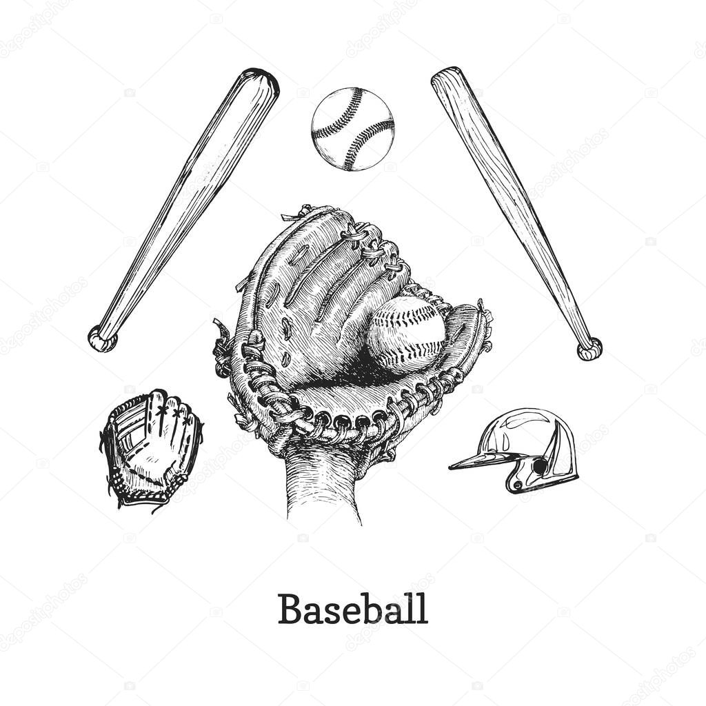 Baseball set, hand drawn illustrations in vector, sketches of sporting equipment