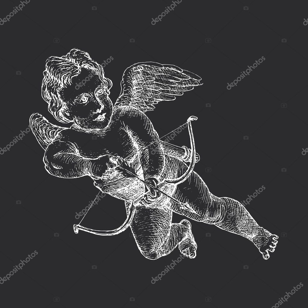 Cupid with bow, hand drawn in engraving style, Amur, vector graphic retro illustration