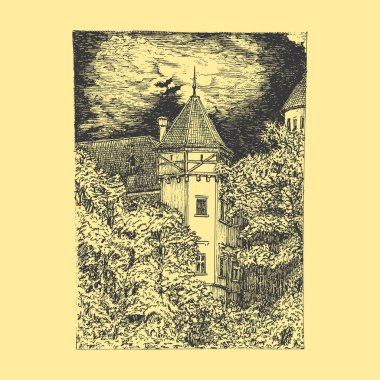 Lanetli kale, oymacılık stili illüstrasyon, vektör kilidi ile eski el çizimi manzara