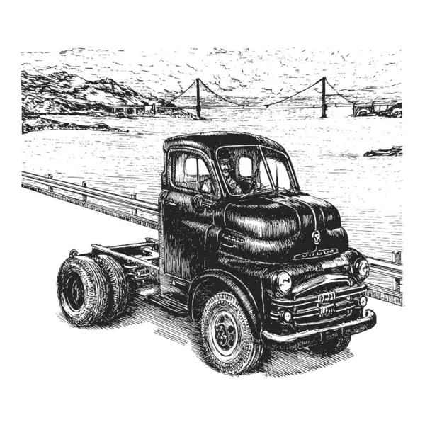Vista Marinha Com Caminhão Ilustração Vintage Vetor Desenho Estilo Retro Ilustração De Bancos De Imagens