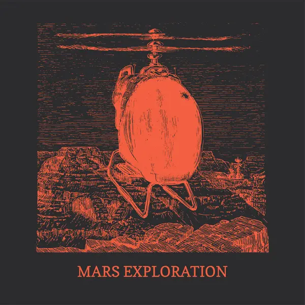 Nacht Marslandschaft Mit Hubschrauber Skizze Retro Futuristischen Stil Mars Erkundung lizenzfreie Stockillustrationen