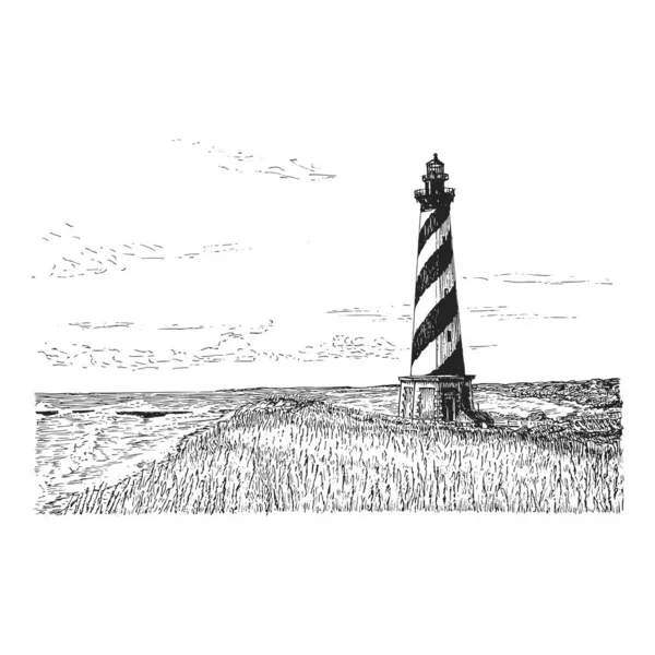 Leuchtturm Ansicht Handgezeichnete Illustration Vektor Vintage Meereslandschaft Stich Stil Stockvektor