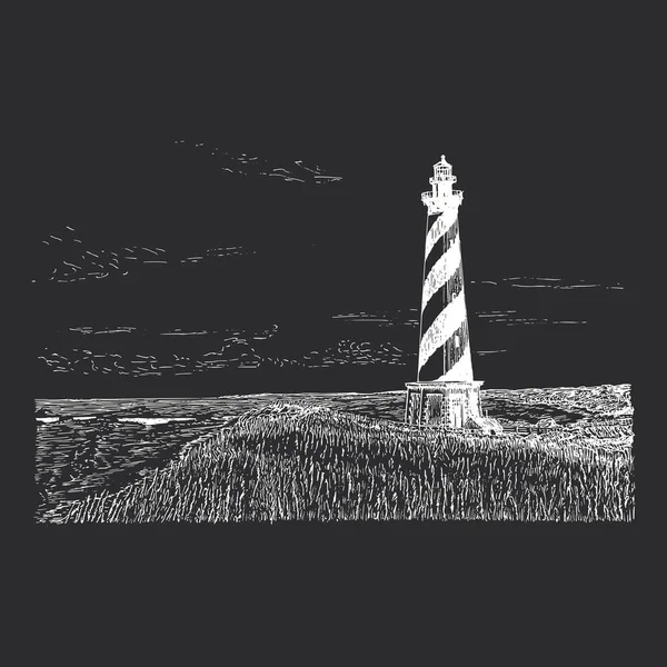 Lighthouse Night View Hand Drawn Illustration Vector Vintage Seascape Engraving Vector Graphics
