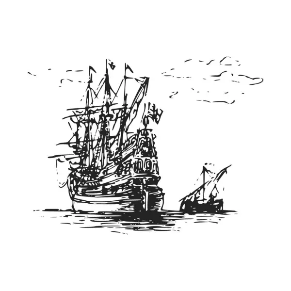 Meerblick Mit Altem Segelschiff Und Boot Illustration Tuschestil Meereslandschaft Mit lizenzfreie Stockvektoren