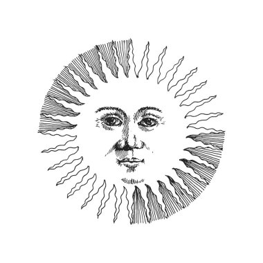 Güneş, oymacılık tarzında el çizimi illüstrasyon, vektör biçiminde vintage sembol