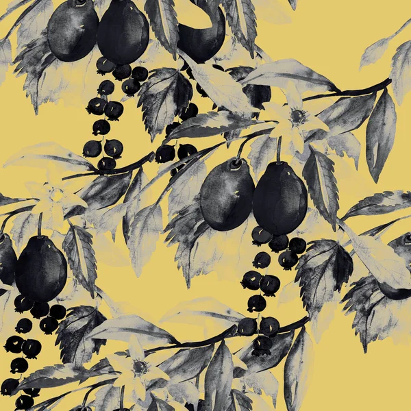 梅とスグリの枝 シームレスなパターン 白と色の背景の画像 — ストック写真