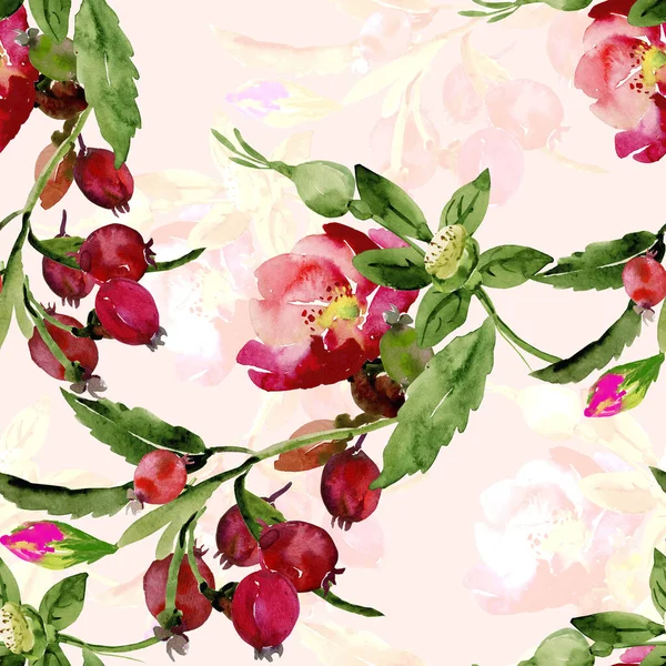 果実を持つ開花バラの枝 水彩イラスト シームレスなパターン — ストック写真
