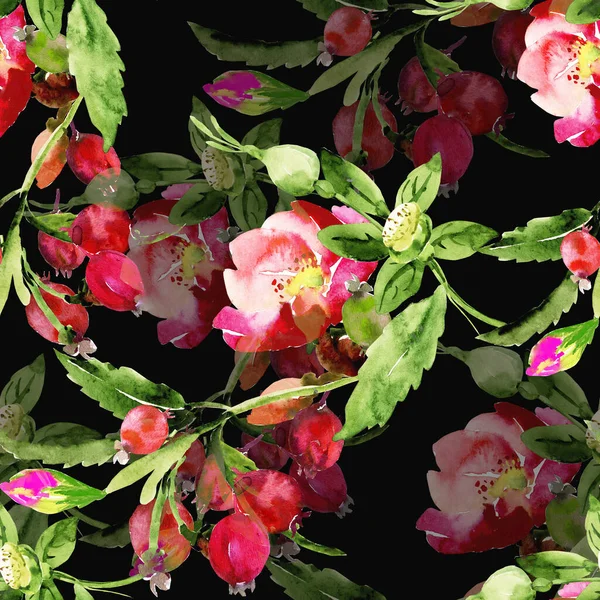 Kvetoucí Růžová Větev Ovocem Ilustrace Akvarela Bezešvný Vzor — Stock fotografie