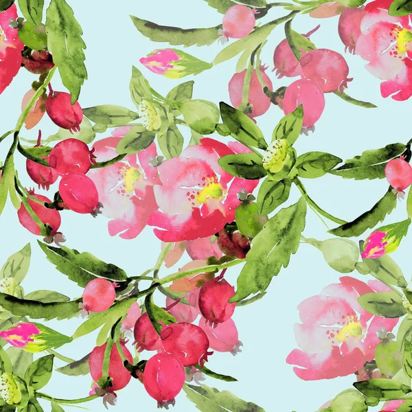 Meyveli Gül Ağacı Dalı Suluboya Çizimi Kusursuz Desen — Stok fotoğraf