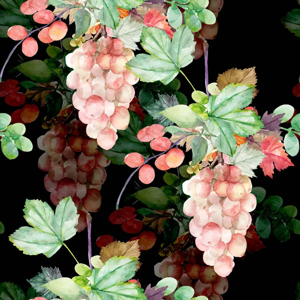 ブドウや葉の水彩柄 シームレスなパターン 白と色の背景の画像 — ストック写真