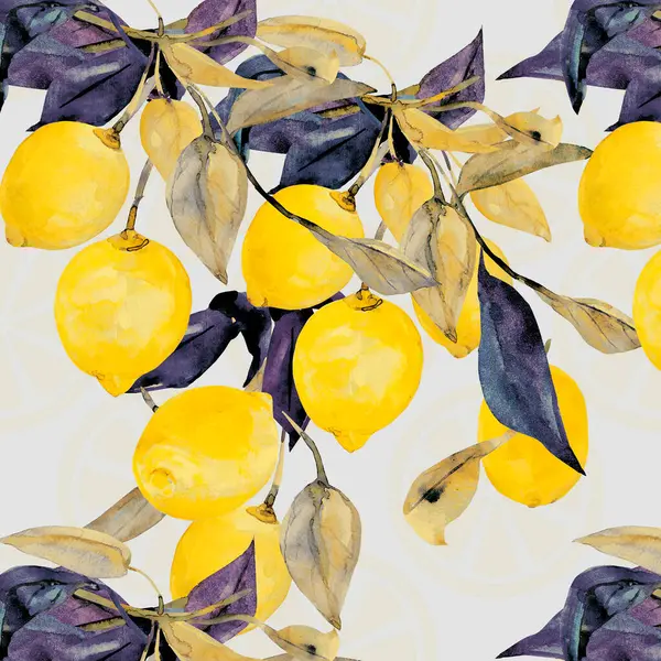 Citron Sömlös Mönster Sömlös Mönster Vit Och Färgad Bakgrund Akvarell — Stockfoto