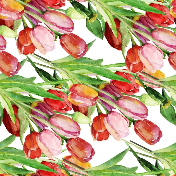 Röda Tulpaner Sömlösa Mönster Bild Vit Och Färgad Bakgrund — Stockfoto