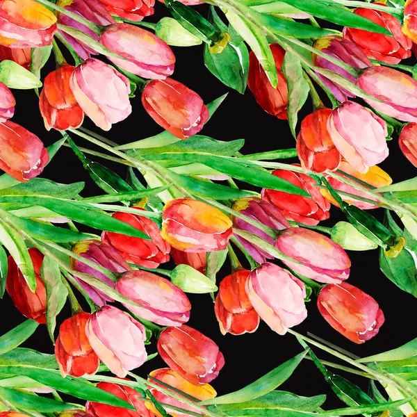 Red Tulips Seamless Pattern Image White Colored Background — Stock Photo, Image