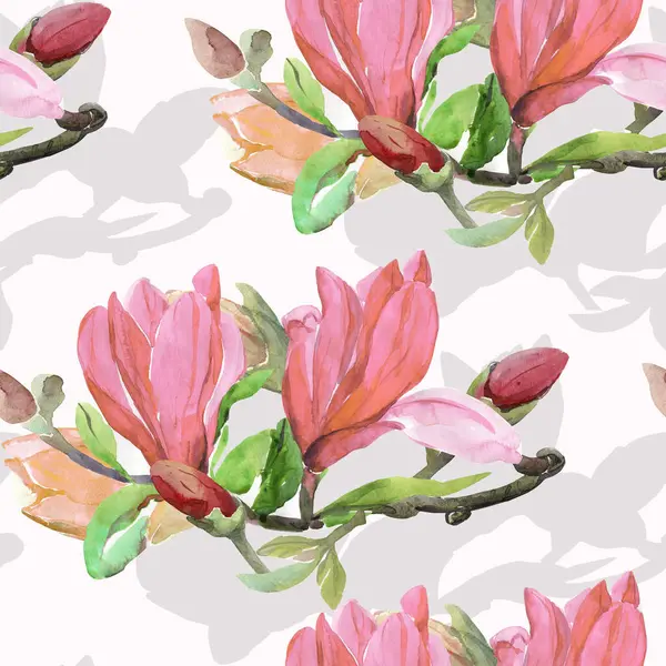 Seamless Pattern Flowers Magnolia Image White Colored Background Watercolor — Stock Photo, Image