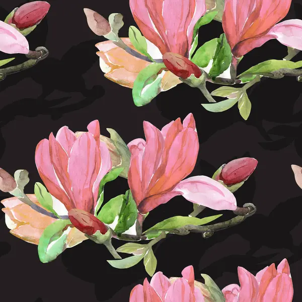 Płynny Wzór Kwiatów Magnolia Obraz Białym Kolorowym Tle Akwarela — Zdjęcie stockowe