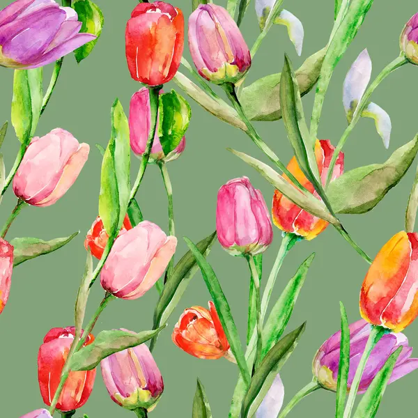 Tulips Seamless Pattern Image White Colored Background — Φωτογραφία Αρχείου