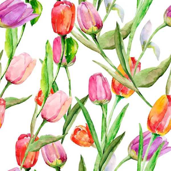 Tulips Seamless Pattern Image White Colored Background — Fotografia de Stock
