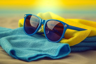 Mavi ve sarı plaj havlusunda mavi güneş gözlüğü
