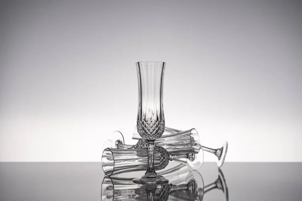 Vidro Cortado Cristal Stemware Champanhe Flauta Isolado Superfície Cinza Brilhante — Fotografia de Stock