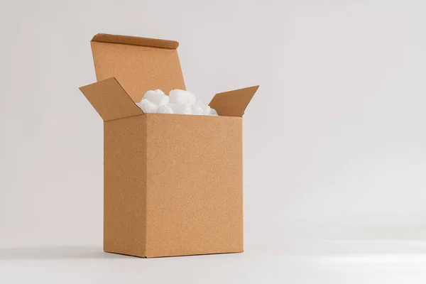 Cardboard Box Isolated White Background Filled Packing Peanuts — Stock Photo, Image