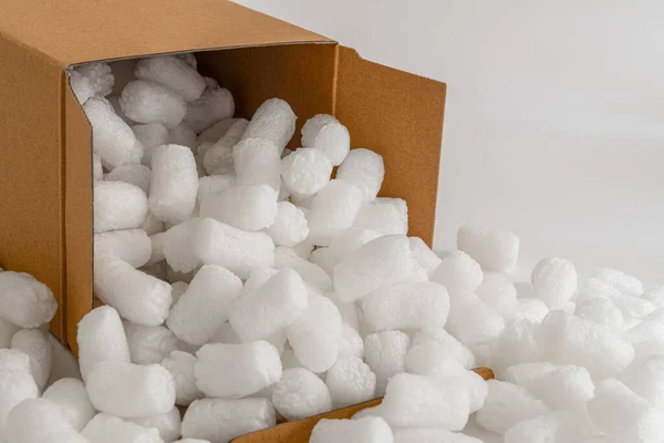 Cardboard Box Isolated White Background Filled Packing Peanuts — Stock Photo, Image
