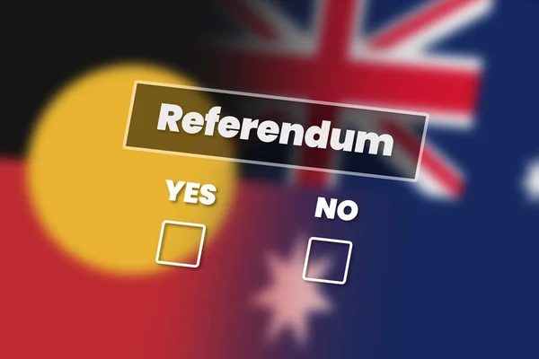 Australian referendum sign with yes and no tick boxes. Background with aboriginal and Australian flags.
